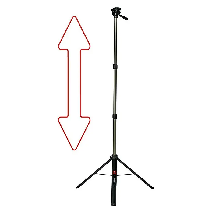 Einhell Stativ TRIPOD 85-170 - Passend für: Einhell Akku-Lampe TP-CL 18/3000 Li, Einhell Kreuzlinienlaser TC-LL 2 und TE-LL 360 - Ein Stativ, das in der Höhe verstellbar ist, mit einer roten Pfeilgrafik, die die verstellbare Höhe hervorhebt.