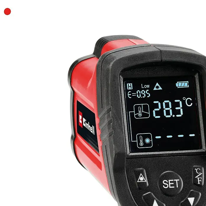 Einhell Infrarot-Thermometer TC-IT 550 - Messbereich Temperatur: -50 °C - 550 °C, Ohne Batterien - Nahaufnahme eines Einhell-Infrarot-Thermometers mit digitaler Anzeige, das 28,3 °C anzeigt. Ideal für präzise Temperaturmessungen.