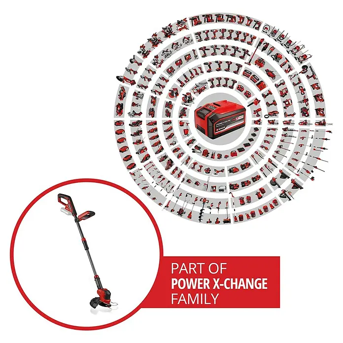 Einhell Power X-Change 18V Akku-Rasentrimmer GE-CT 18/25-1 - 18 V, Li-Ionen, Ohne Akku, Schnittbreite Messer: 25 cm, Schnittbreite Faden: 25 cm - Einhell Akku-Rasentrimmer im Vordergrund, umgeben von einer Vielzahl weiterer Akku-Geräte der Power X-Change Familie.