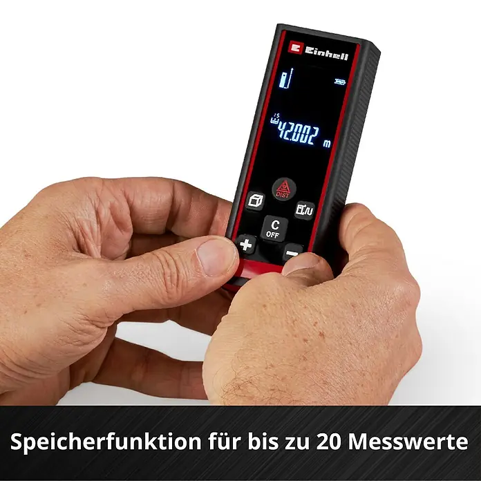 Einhell Laserentfernungsmesser TC-LD 60 R - Messbereich: 0,05 - 60 m, Ohne Batterien - Nahaufnahme eines Einhell Entfernungsmessers in der Hand.