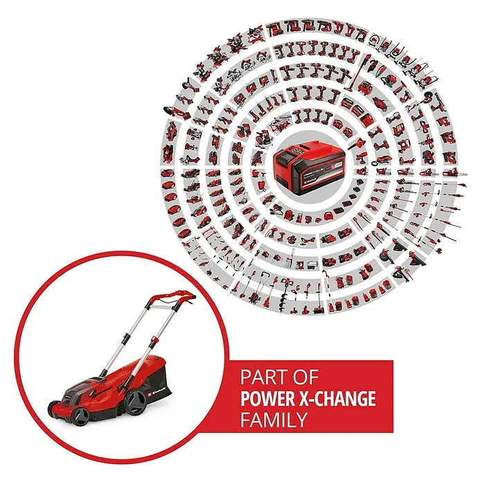 Einhell Power X-Change 18V Akku-Rasenmäher GP-CM 36/450 - 2 Akkus, Schnittbreite: 380 mm - Abbildung eines roten Einhell Rasenmähers, der zur Power X-Change Familie gehört, mit einer großen Auswahl an kompatiblen Werkzeugen.