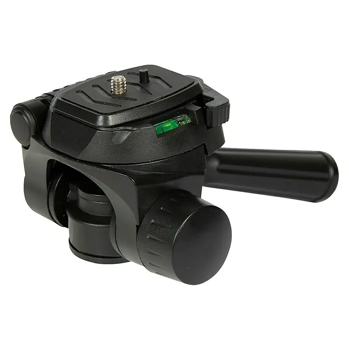 Einhell Adapter TRIPOD - Passend für: Geräte mit einem 1/4" Gewinde - Nahaufnahme eines schwarzen Stativkopfes mit Nivellierblase, der für Stabilität und präzise Ausrichtung in der Fotografie sorgt.