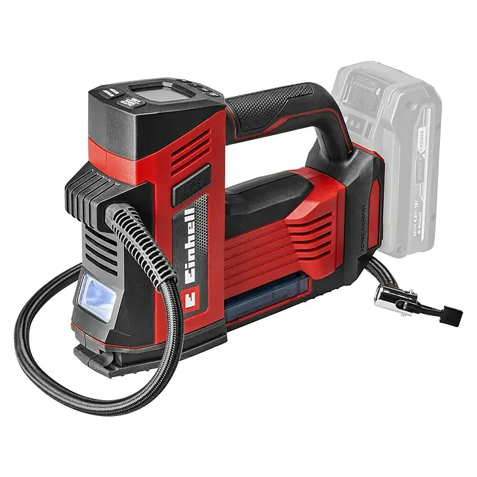 Einhell Power X-Change 18V Akku-Kompressor CE-CC 18/23 D Li-Solo - 18 V, Ohne Akku, 11 bar - Ein roter und schwarzer Einhell Akku-Kompressor mit Digitalanzeige und integrierter LED-Leuchte für vielseitige Anwendungen.
