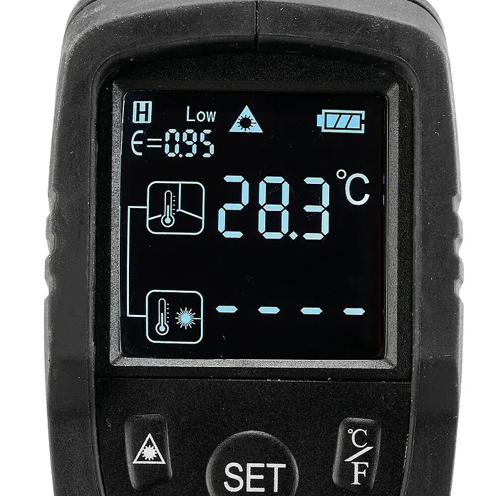 Einhell Infrarot-Thermometer TC-IT 550 - Messbereich Temperatur: -50 °C - 550 °C, Ohne Batterien - Nahaufnahme eines Infrarot-Thermometers mit einer Temperaturanzeige von 28,3 °C. Das Gerät zeigt auch Batterie- und Lasereinstellungen an.