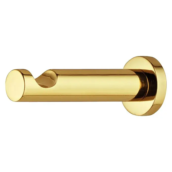 Garderobenhaken - Ausstattung: 1 Haken, Ø x L: 12 x 55 mm, Messing, Oberfläche: Vermessingt poliert - Goldener Gardinenstangenhalter für die Wandmontage zur Befestigung einer Gardinenstange.