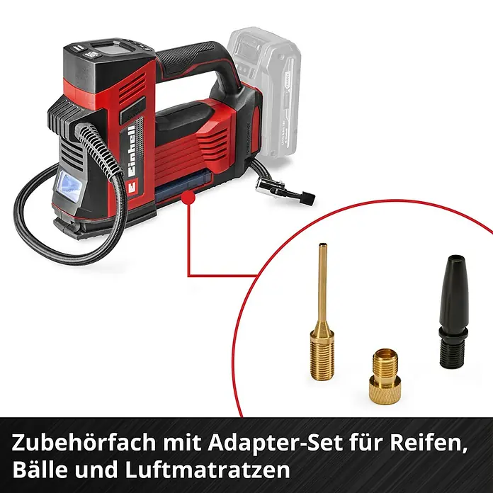 Einhell Power X-Change 18V Akku-Kompressor CE-CC 18/23 D Li-Solo - 18 V, Ohne Akku, 11 bar - Akku-Luftpumpe von Einhell mit Zubehörfach und Adapter-Set für Reifen, Bälle und Luftmatratzen. Vielseitiges Werkzeug für unterwegs.