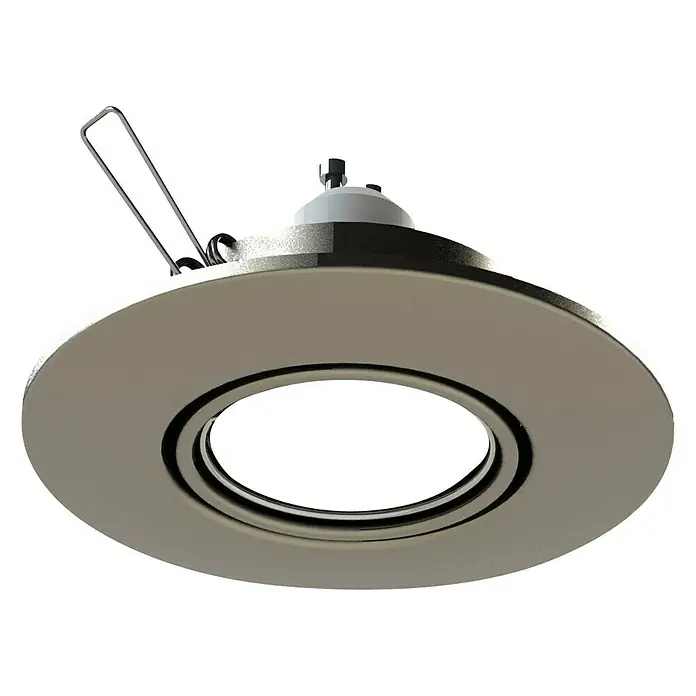 Tween Light Einbauleuchte - 50 W, GU10, Nickel matt, 108 mm - Nahaufnahme einer runden, versenkten LED-Deckenleuchte mit Metallgehäuse und Befestigungsklammern.