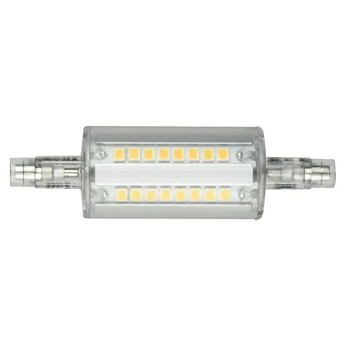 Voltolux Bombilla LED - No regulable, Blanco cálido, 600 lm, 6 W - Primer plano de una lámpara LED con carcasa transparente y LEDs rectangulares amarillos, diseñada para diversas aplicaciones de iluminación.