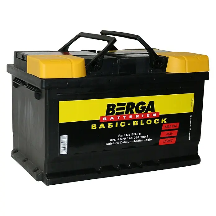 Berga Autobatterie Basic Block - 12 V, 70 Ah - Abbildung einer schwarzen Berga Basic-Block Batterie mit gelbem Deckel und Tragegriffen.