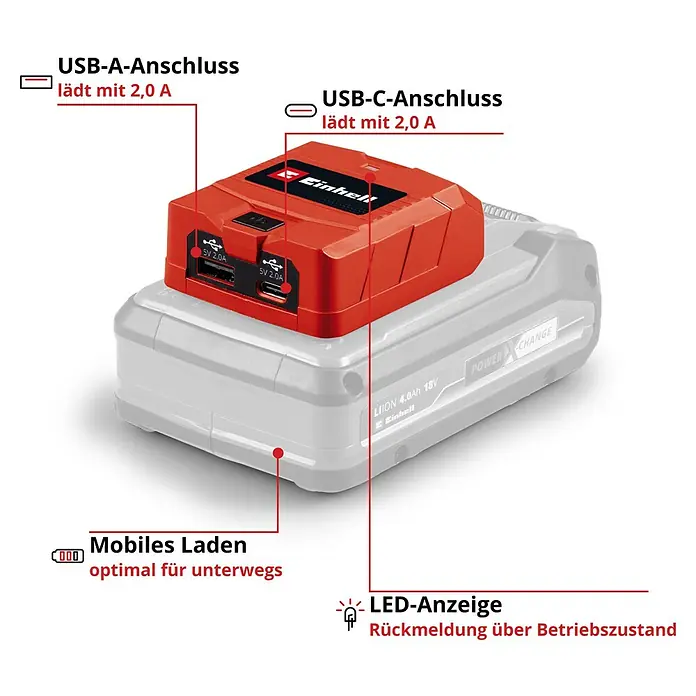 Einhell Power X-Change 18V USB-Akku-Adapter TC-CP 18 Li - 18 V - Ein Einhell Power X-Change Akku mit USB-A- und USB-C-Anschluss zum Aufladen mobiler Geräte unterwegs und LED-Anzeige.