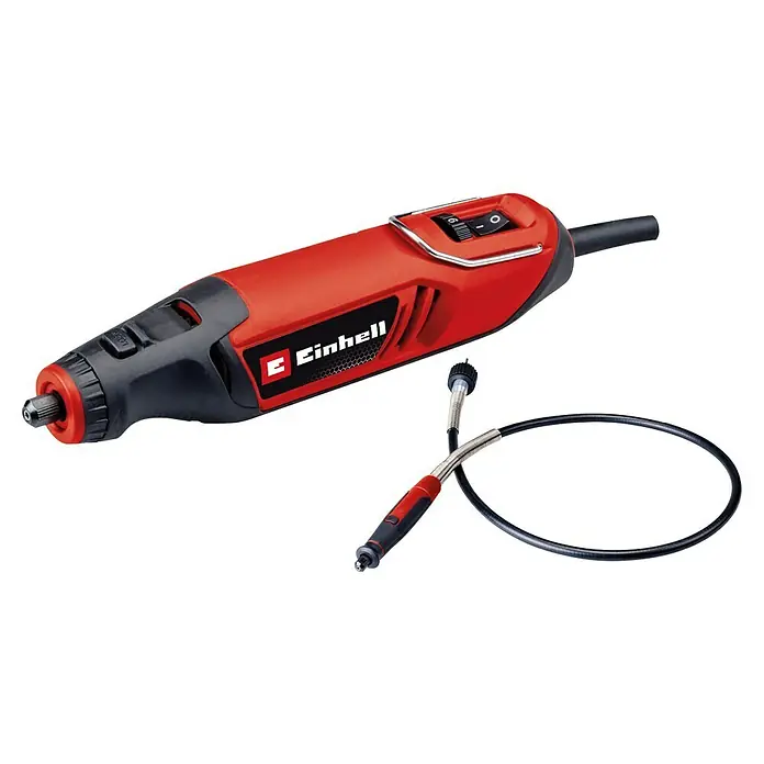 Einhell Schleif- & Gravurwerkzeug - 150 W, 10.000 U/min - 35.000 U/min - Abbildung eines roten Einhell Multifunktionswerkzeugs mit flexiblem Schaft, ideal für präzise Arbeiten und vielfältige Anwendungen.