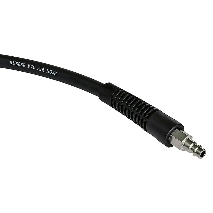 Einhell Druckluftschlauchtrommel TC-PH 150 - 15 m - Abgebildet ist ein schwarzer Gummi-PVC-Luftschlauch mit einem Schnellanschluss, ideal für Druckluftwerkzeuge und Kompressoren.