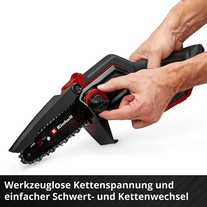 Einhell Professional Akku-Kettensäge GP-PS 18/20 LI - 18 V, Li-Ionen, Ohne Akku, Schwertlänge: 19,2 cm - Bild einer Einhell Akku-Kettensäge mit werkzeugloser Kettenspannung und einfachem Schwert- und Kettenwechsel.