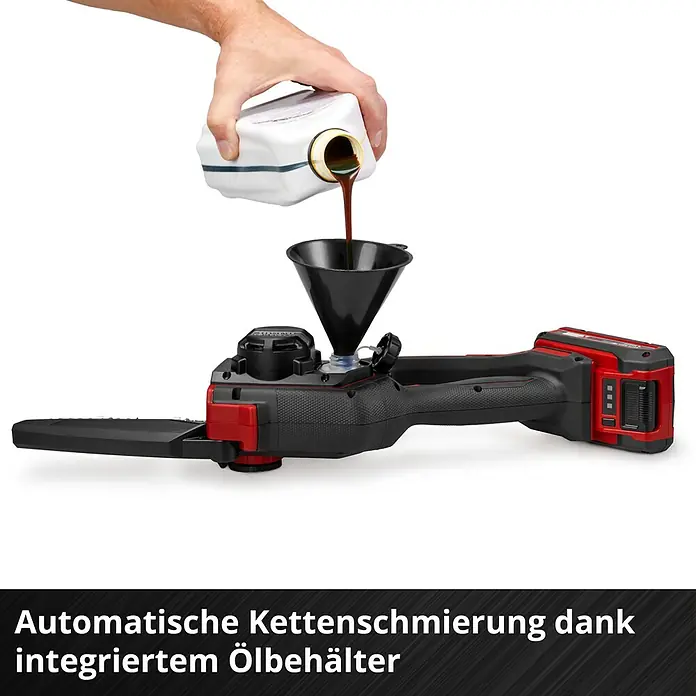Einhell Professional Akku-Kettensäge GP-PS 18/20 LI - 18 V, Li-Ionen, Ohne Akku, Schwertlänge: 19,2 cm - Akku-Kettensäge mit automatischer Kettenschmierung dank integriertem Ölbehälter wird mit Öl befüllt. Praktisch und effizient!