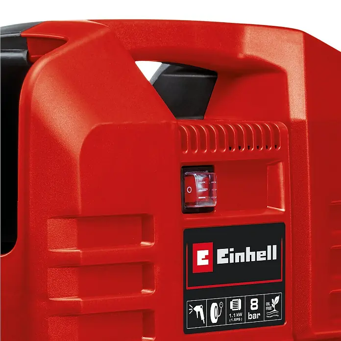 Einhell Kompressor TC-AC 190 OF Set - Max. Druck: 8 bar, Schmierung: Ohne - Nahaufnahme eines roten Einhell Kompressors mit Schalter und Produktaufkleber.