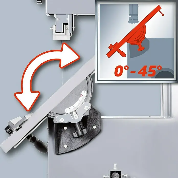 Einhell Bandsäge TC-SB 305 U - 750 W, Leerlaufdrehzahl: 1.400 U/min, Sägebandlänge: 2.320 mm - Das Bild zeigt eine Bandsäge mit einer Neigungseinstellung von 0°-45°, die durch einen Pfeil hervorgehoben wird.