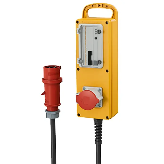 Mennekes Steckdosenleiste Evergum PRCD-S mit FI Typ B - 16 A, Signalgelb (RAL 1003), Rot, IP44 - Gelbe CEE-Wandsteckdose mit Sicherungskasten und rotem Stecker, ideal für Baustellen und industrielle Anwendungen.\n