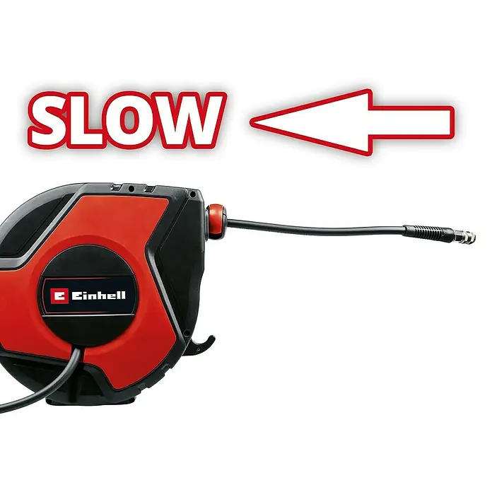 Einhell Druckluftschlauchtrommel TC-PH 150 - 15 m - Abbildung eines Einhell Druckluft-Schlauchaufrollers mit der Aufschrift "SLOW" und einem Pfeil, der auf den Aufroller zeigt.