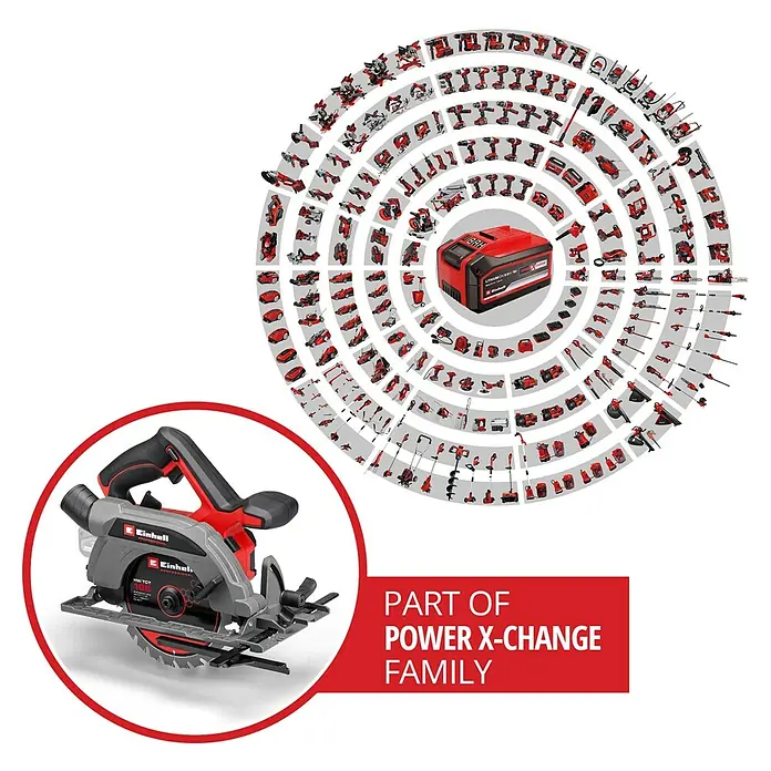 Einhell Power X-Change 18V Akku-Handkreissäge TP-CS 18/165 Li BL - Solo - 18 V, Ohne Akku, Durchmesser Sägeblatt: 165 mm, 5.000 U/min - Bild einer Einhell Handkreissäge mit zugehörigem Akku-System. Teil der Power X-Change Familie für kabellose Flexibilität.