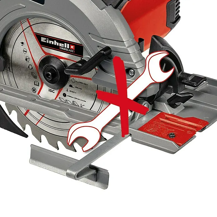 Einhell Handkreissäge TE-CS 190/1 - 1.500 W, Durchmesser Sägeblatt: 190 mm, Schnitttiefe bei 90 °: 66 mm - Nahaufnahme einer Einhell Kreissäge mit sichtbarem Sägeblatt und rotem X mit Schraubenschlüssel, das die Reparatur verdeutlicht.
