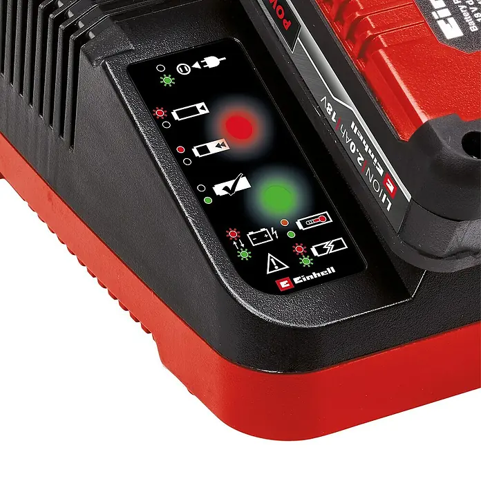 Einhell Power X-Change 18V Batterie-Ladegerät - 3.000 mA, Passend für: Einhell Power X-Change Akkus - Nahaufnahme eines Einhell Akku-Ladegeräts mit LED-Anzeige und eingelegtem Akku. Das Ladegerät ist rot und schwarz.