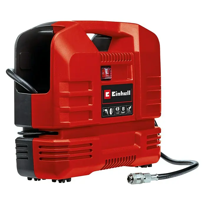 Einhell Kompressor TC-AC 190 OF Set - Max. Druck: 8 bar, Schmierung: Ohne - Ein roter Einhell-Kompressor, ideal für verschiedenste Druckluftarbeiten, kompakt und benutzerfreundlich.