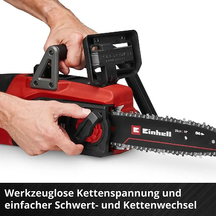 Einhell Power X-Change 18V Akku-Kettensäge GE-LC 18/25 Li - 18 V, Li-Ionen, Ohne Akku, Schwertlänge: 25 cm - Einhell Kettensäge im Detail, mit Hand an Spannschraube und Schutzvorrichtung. Werkzeuglose Kettenspannung und einfacher Kettenwechsel.