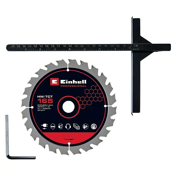 Einhell Power X-Change 18V Akku-Handkreissäge TP-CS 18/165 Li BL - Solo - 18 V, Ohne Akku, Durchmesser Sägeblatt: 165 mm, 5.000 U/min - Nahaufnahme eines Einhell Kreissägeblatts mit 165 mm Durchmesser, ideal für professionelle Holzarbeiten und präzise Schnitte.