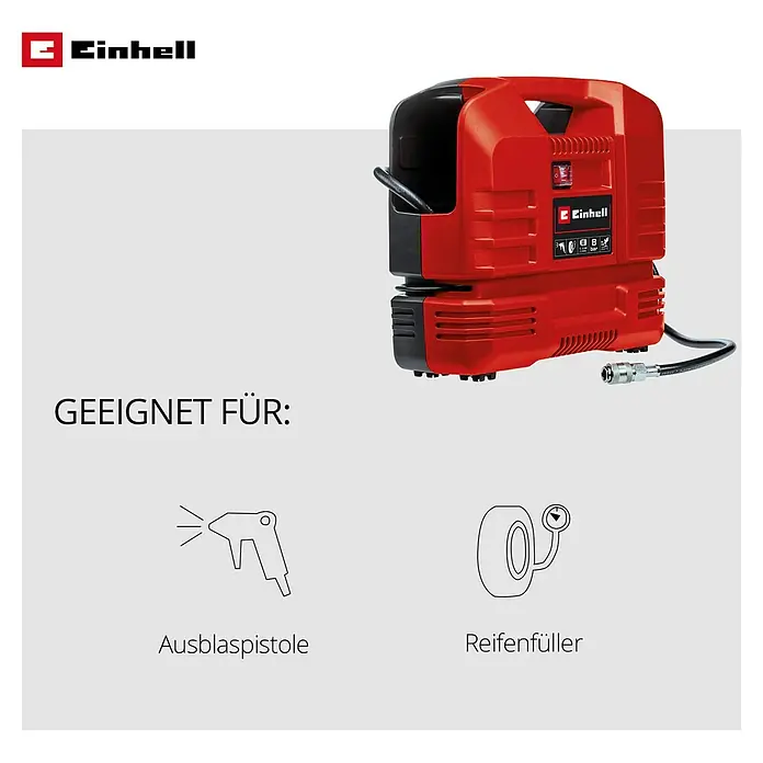 Einhell Kompressor TC-AC 190 OF Set - Max. Druck: 8 bar, Schmierung: Ohne - Abbildung eines roten Einhell-Kompressors, geeignet für Ausblaspistolen und Reifenfüller.