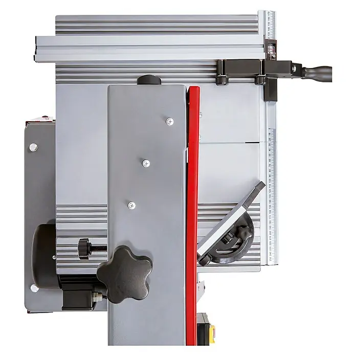 Einhell Bandsäge TC-SB 305 U - 750 W, Leerlaufdrehzahl: 1.400 U/min, Sägebandlänge: 2.320 mm - Nahaufnahme einer Präzisions-Tischfräse mit verstellbarem Anschlag und präziser Skala für genaue Holzarbeiten.