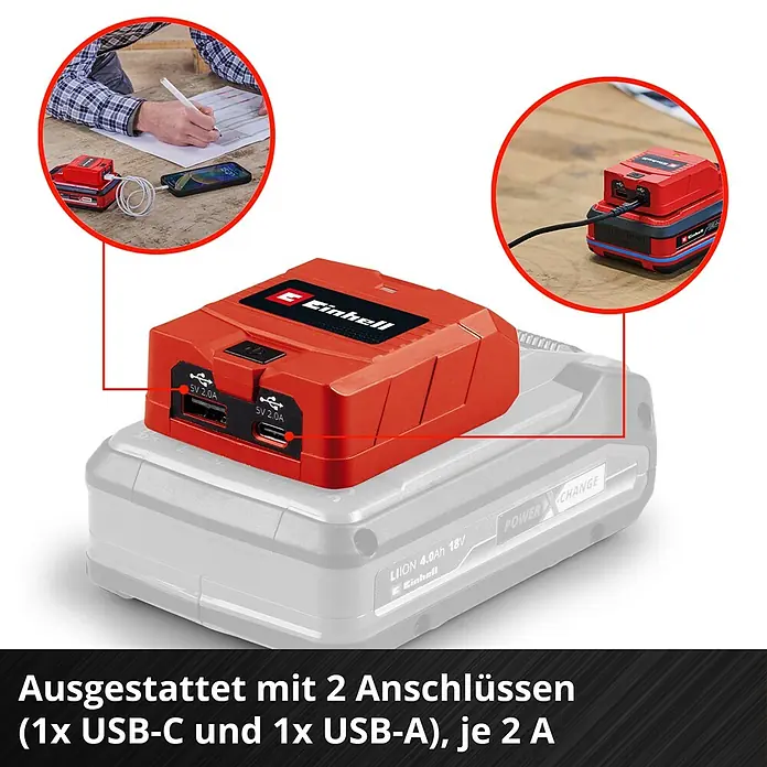 Einhell Power X-Change 18V USB-Akku-Adapter TC-CP 18 Li - 18 V - Ein Einhell Power X-Change Akku-Adapter mit USB-Anschlüssen zum Aufladen mobiler Geräte.
