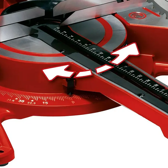 Einhell Kappzugsäge TC-SM 2534/1 Dual - 2.350 W, Durchmesser Sägeblatt: 250 mm, Leerlaufdrehzahl: 4.000 U/min - Nahaufnahme einer roten Kapp- und Gehrungssäge, die die Winkeleinstellungen und die Skala für präzise Schnitte zeigt.