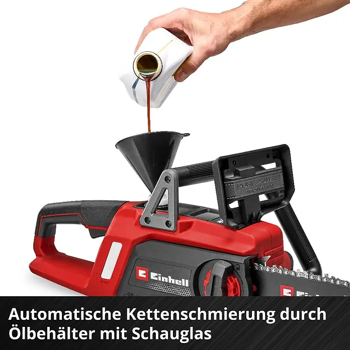 Einhell Power X-Change 18V Akku-Kettensäge GE-LC 18/25 Li - 18 V, Li-Ionen, Ohne Akku, Schwertlänge: 25 cm - Automatisches Kettenschmiersystem der Einhell Kettensäge. Das Öl wird durch einen Ölbehälter mit Schauglas nachgefüllt.