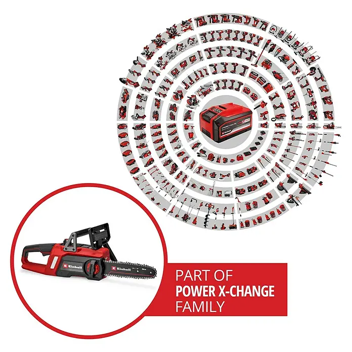 Einhell Power X-Change 18V Akku-Kettensäge GE-LC 18/25 Li - 18 V, Li-Ionen, Ohne Akku, Schwertlänge: 25 cm - Das Bild zeigt eine Einhell Akku-Kettensäge, ein Mitglied der Power X-Change Familie, umgeben von anderen Werkzeugen dieser Produktlinie.
