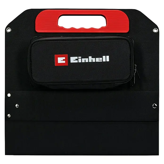 Einhell Solarmodul - Nennleistung: 40 W, Wirkungsgrad Solarzelle: 23 % - Ein schwarzer Werkzeugkoffer mit rotem Griff und Einhell-Logo.