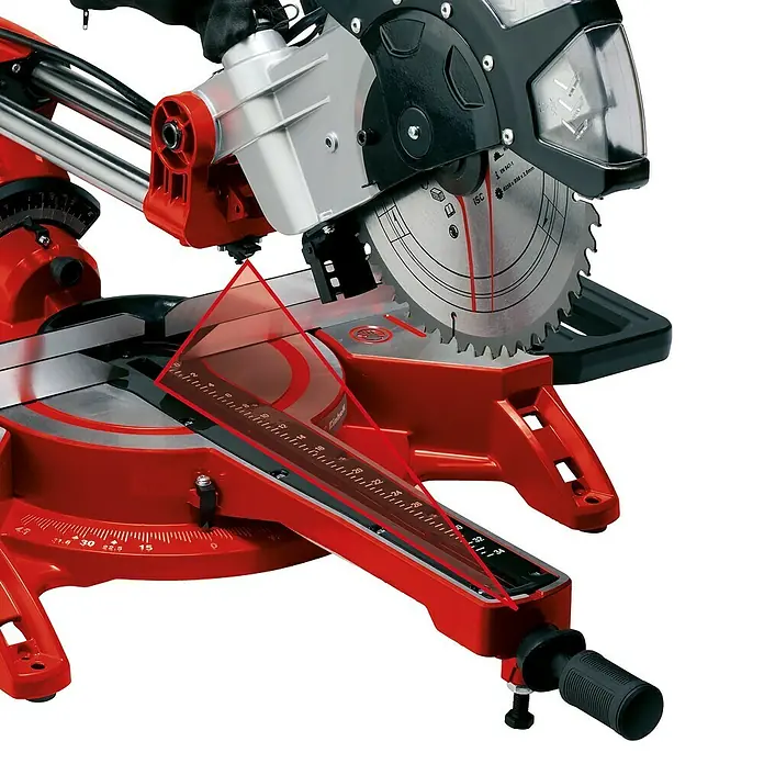 Einhell Kappzugsäge TC-SM 2534/1 Dual - 2.350 W, Durchmesser Sägeblatt: 250 mm, Leerlaufdrehzahl: 4.000 U/min - Nahaufnahme einer roten Kappsäge, die ein präzises Zuschneiden von Materialien ermöglicht. Ideal für professionelle Handwerker und Heimwerkerprojekte.