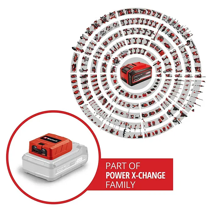 Einhell Power X-Change 18V USB-Akku-Adapter TC-CP 18 Li - 18 V - Einhell Power X-Change Akku mit Ladegerät im Fokus, umgeben von kompatiblen Werkzeugen. Teil der Power X-Change Familie.