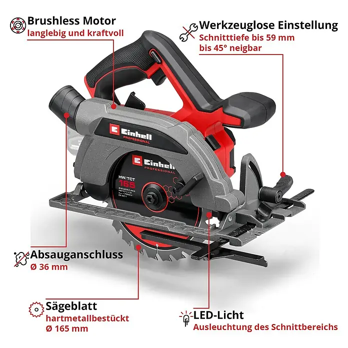 Einhell Power X-Change 18V Akku-Handkreissäge TP-CS 18/165 Li BL - Solo - 18 V, Ohne Akku, Durchmesser Sägeblatt: 165 mm, 5.000 U/min - Bild einer Einhell Professional Akku-Handkreissäge mit bürstenlosem Motor, werkzeugloser Einstellung und LED-Licht.