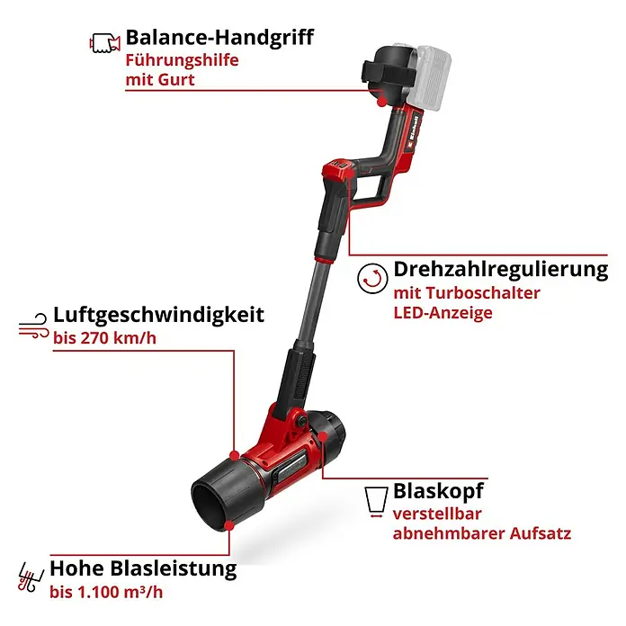 Einhell Professional Akku-Laubbläser GP-LB 36/270 LI - 36 V, Ohne Akku, Blasleistung: 1.100 m³/h, Blasgeschwindigkeit: 270 km/h - Abbildung eines Einhell Akku-Blasgeräts mit Balance-Handgriff, einstellbarer Drehzahl und hoher Blasleistung für effiziente Gartenarbeit.