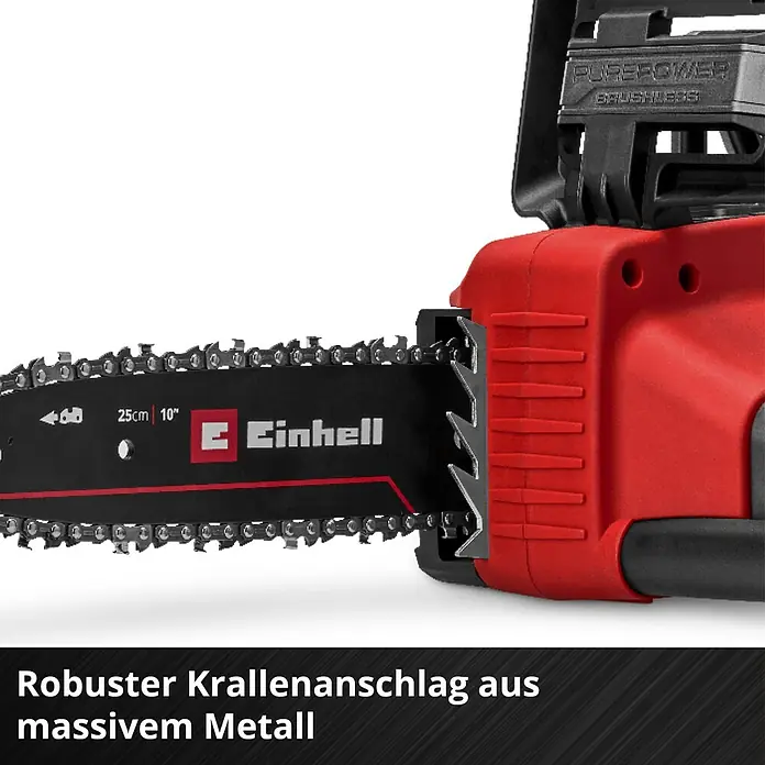Einhell Power X-Change 18V Akku-Kettensäge GE-LC 18/25 Li - 18 V, Li-Ionen, Ohne Akku, Schwertlänge: 25 cm - Abbildung einer Einhell Akku-Kettensäge, die für ihre robuste Krallenanschlag aus massivem Metall bekannt ist.