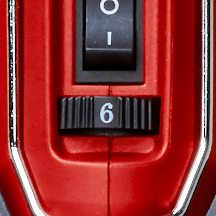 Einhell Schleif- & Gravurwerkzeug - 150 W, 10.000 U/min - 35.000 U/min - Detailaufnahme eines roten Elektrowerkzeugs mit Geschwindigkeitsregler auf Stufe 6 und einem Ein/Aus-Schalter.