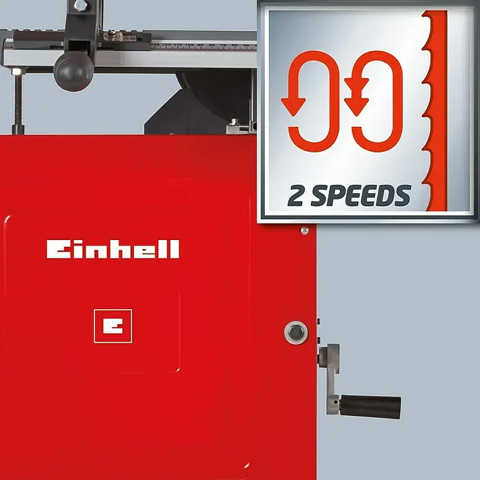 Einhell Bandsäge TC-SB 305 U - 750 W, Leerlaufdrehzahl: 1.400 U/min, Sägebandlänge: 2.320 mm - Produktansicht einer Einhell Bandsäge mit 2 Geschwindigkeiten. Die Säge ist rot, mit einem schwarzen Griff und dem Einhell-Logo.