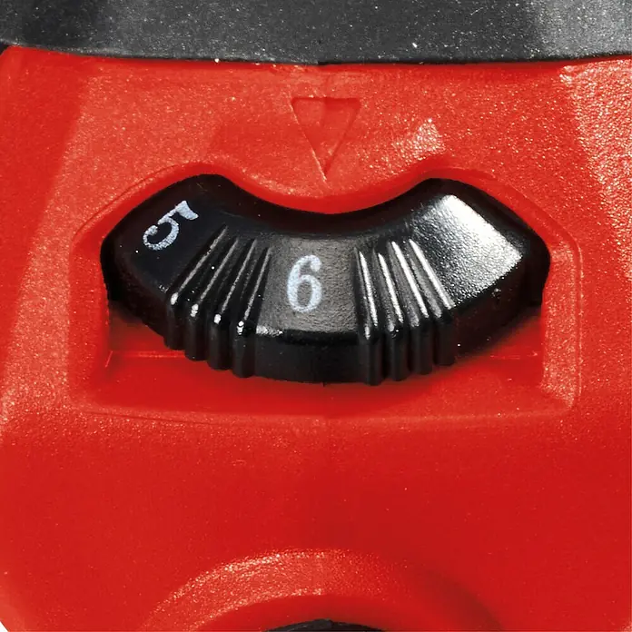 Einhell Elektro-Multifunktionswerkzeug TE-MG 350 EQ - 350 W, Sonstige - Nahaufnahme eines roten Schleifgeräts mit einem schwarzen Einstellrad, das auf Stufe 6 steht.