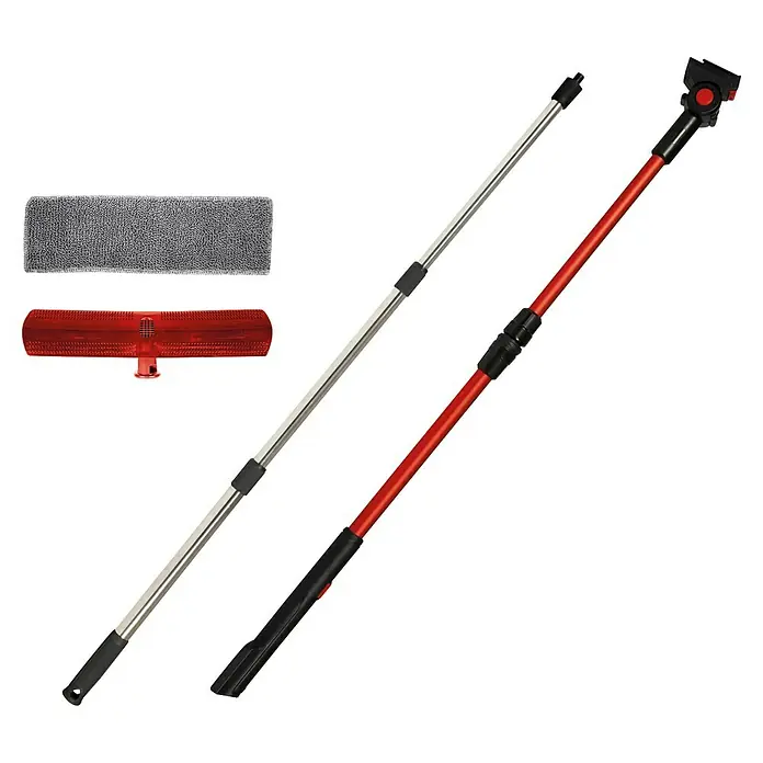 Einhell Teleskopstange Brillianto - Kunststoff, 2 -tlg., Auszugslänge: 120 cm - Das Bild zeigt einen Teleskopstiel mit verschiedenen Aufsätzen, darunter ein roter Bürstenaufsatz und ein grauer Mikrofaserbezug.