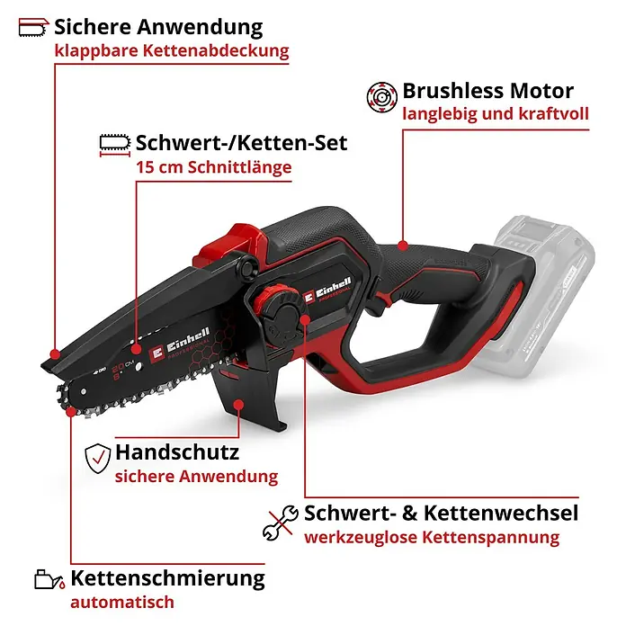 Einhell Professional Akku-Kettensäge GP-PS 18/20 LI - 18 V, Li-Ionen, Ohne Akku, Schwertlänge: 19,2 cm - Abbildung einer Einhell Akku-Kettensäge mit Details zu Schwert, Kette, bürstenlosem Motor, Handschutz und automatischer Kettenschmierung.