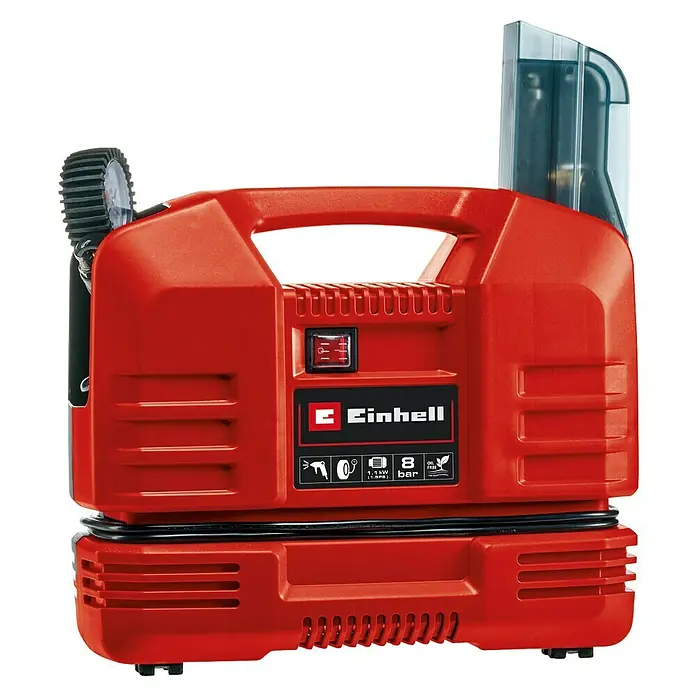 Einhell Kompressor TC-AC 190 OF Set - Max. Druck: 8 bar, Schmierung: Ohne - Ein roter Einhell-Luftkompressor mit Tragegriff, Manometer und Zubehörfach für vielseitige Anwendungen. Kompakt und tragbar für den mobilen Einsatz.