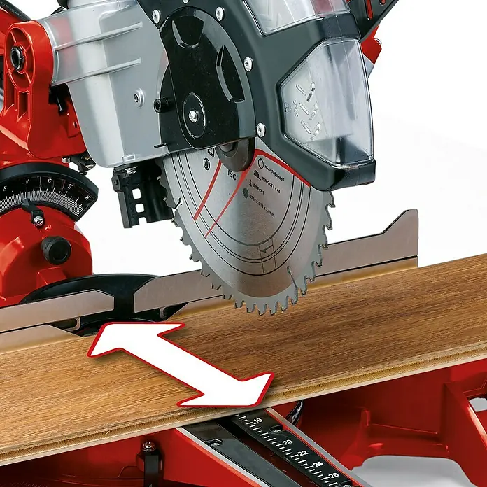 Einhell Kappzugsäge TC-SM 2534/1 Dual - 2.350 W, Durchmesser Sägeblatt: 250 mm, Leerlaufdrehzahl: 4.000 U/min - Die Einhell Kapp- und Gehrungssäge im Detail mit Sägeblatt und Werkstück. Präzise Schnitte für Holzprojekte.