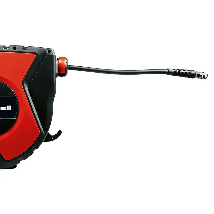 Einhell Druckluftschlauchtrommel TC-PH 150 - 15 m - Auf dem Bild ist eine Einhell Druckluft-Schlauchtrommel zu sehen. Die Trommel ist rot und schwarz, und es ist ein kurzer Schlauch mit einem Schnellverschlussanschluss zu sehen.