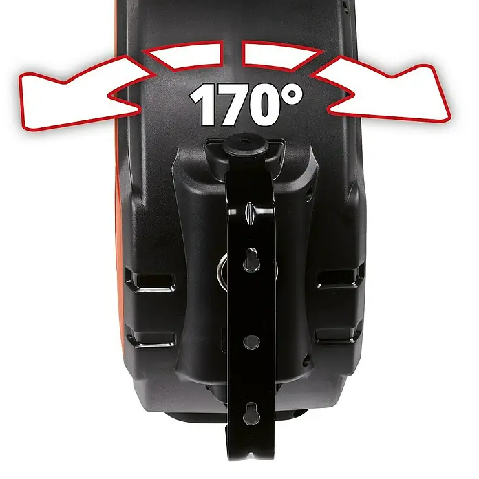 Einhell Druckluftschlauchtrommel TC-PH 150 - 15 m - Ein detailliertes Bild einer schwarzen Einhell-Kabeltrommel mit einer Markierung von 170° Drehwinkel und Pfeilen, die die Rotation verdeutlichen.