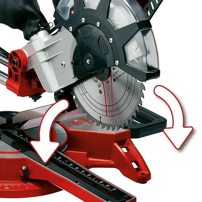 Einhell Kappzugsäge TC-SM 2534/1 Dual - 2.350 W, Durchmesser Sägeblatt: 250 mm, Leerlaufdrehzahl: 4.000 U/min - Nahaufnahme einer Einhell Kapp- und Gehrungssäge mit Pfeilen, die die Drehbewegung des Werkzeugs hervorheben.